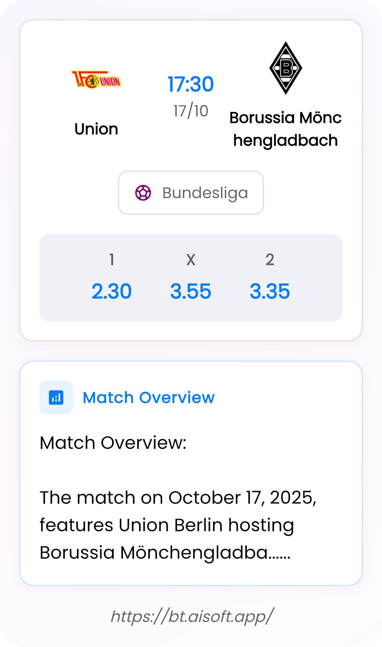 AI Match Prediction: Union vs Borussia Mönchengladbach • Bundesliga • 17:30 / 17 October