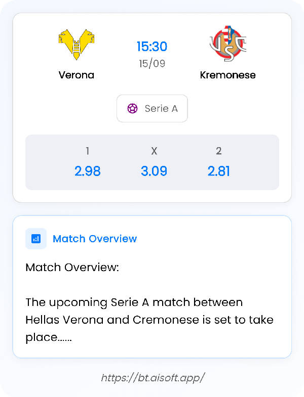 AI Match Prediction: Verona vs Kremonese • Serie A • 15:30 / 15 September