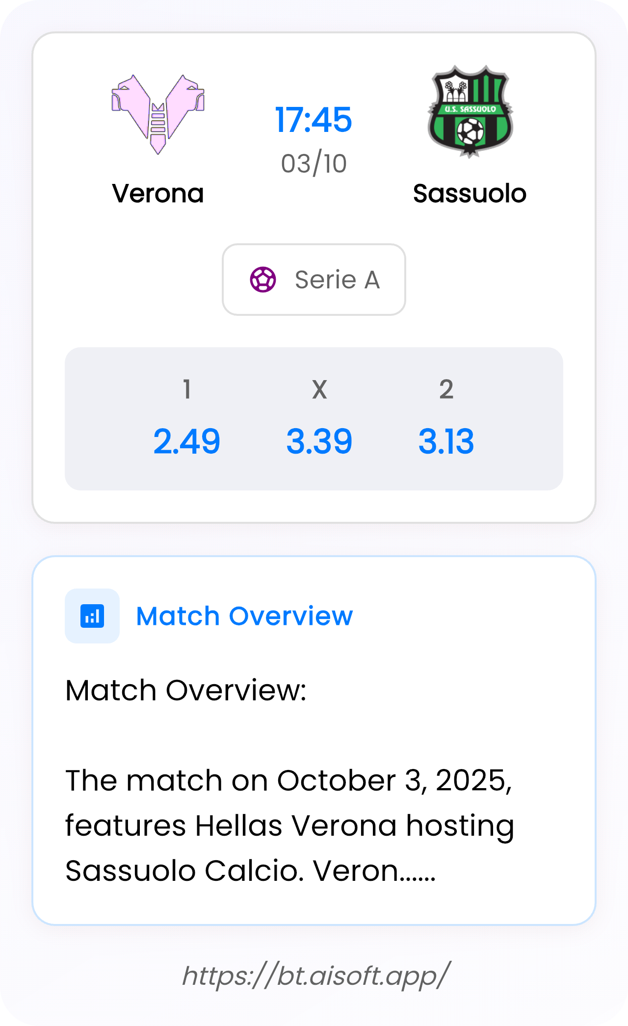 AI Match Prediction: Verona vs Sassuolo • Serie A • 17:45 / 03 October
