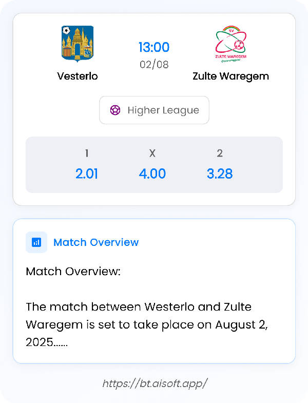 AI Match Prediction: Vesterlo vs Zulte Waregem • Higher League • 13:00 / 02 August
