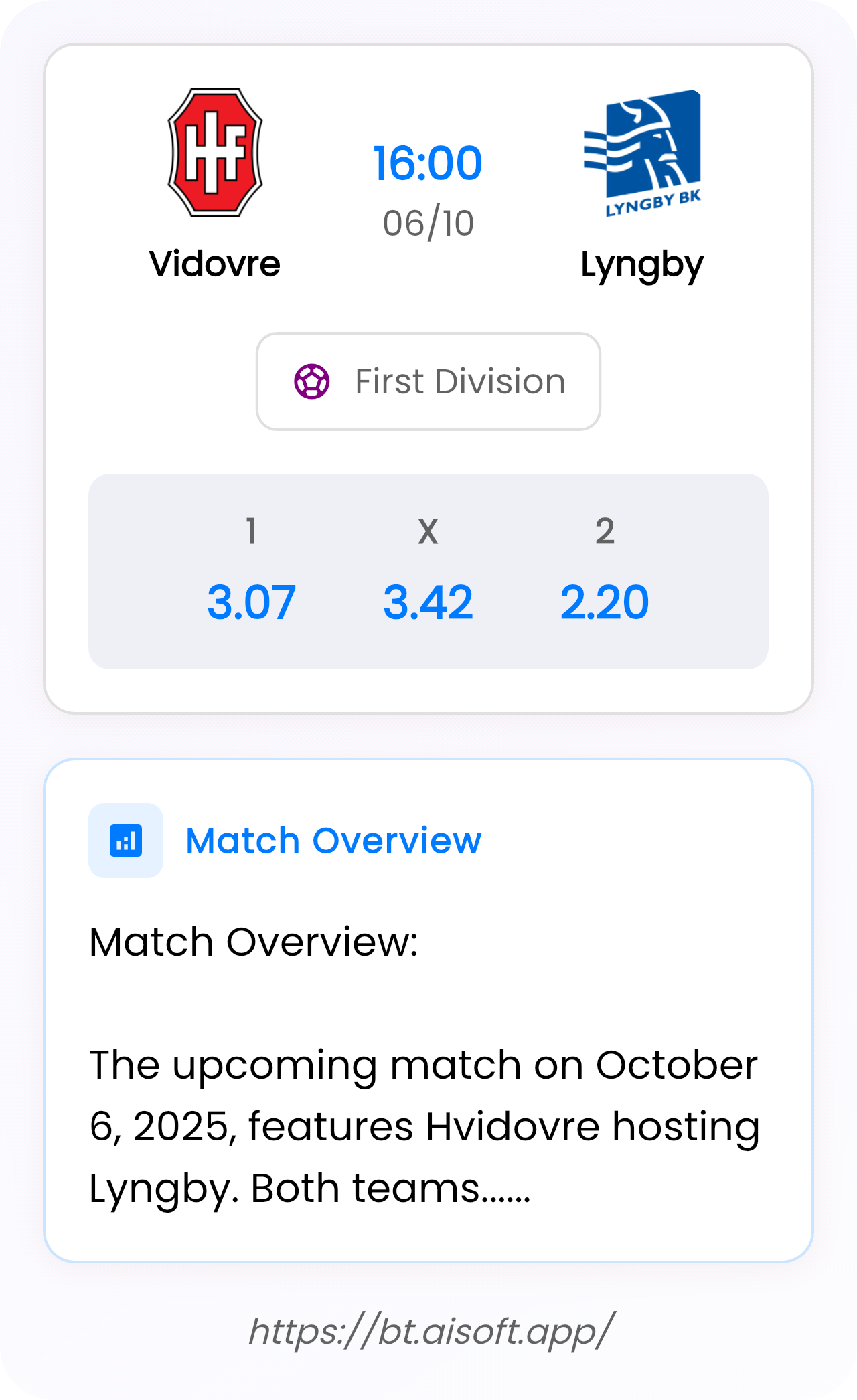 AI Match Prediction: Vidovre vs Lyngby • First Division • 16:00 / 06 October