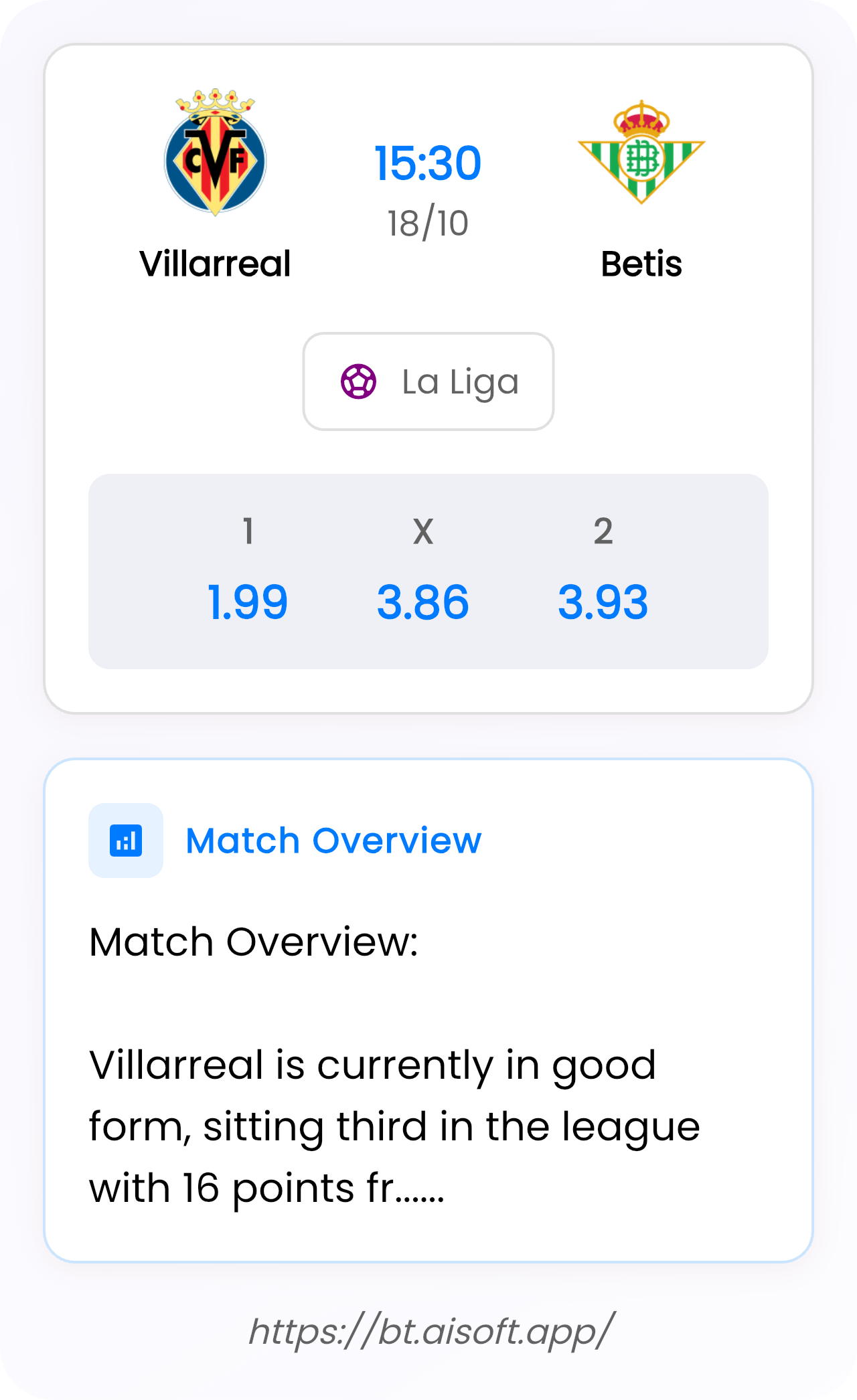 AI Match Prediction: Villarreal vs Betis • La Liga • 15:30 / 18 October