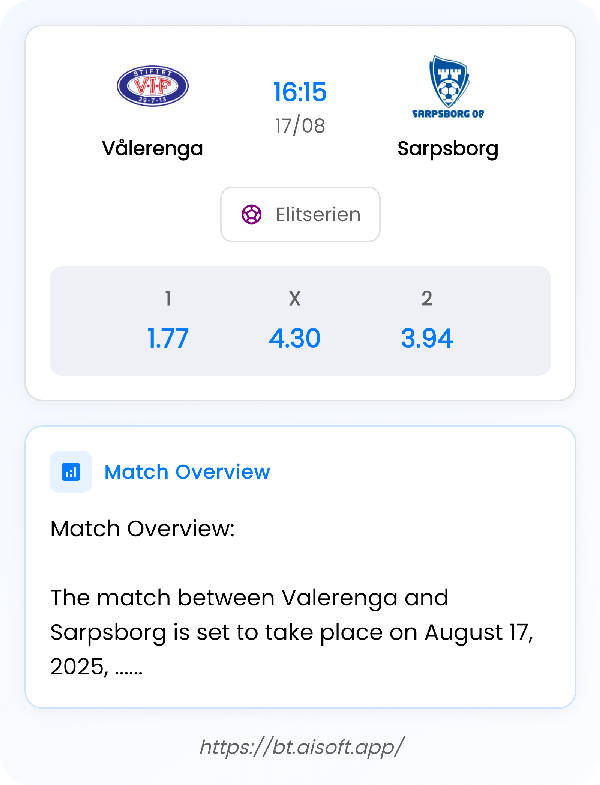 AI Match Prediction: Vålerenga vs Sarpsborg • Elitserien • 16:15 / 17 August