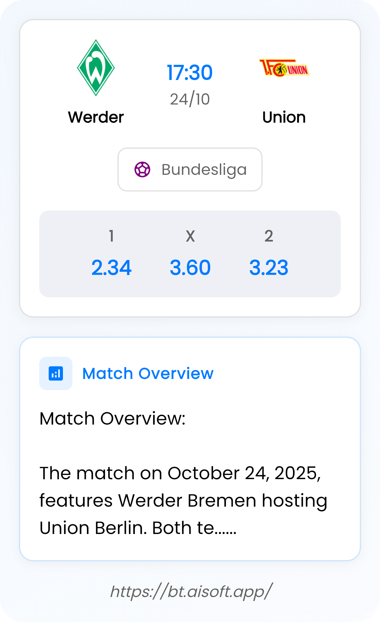 AI Match Prediction: Werder vs Union • Bundesliga • 17:30 / 24 October