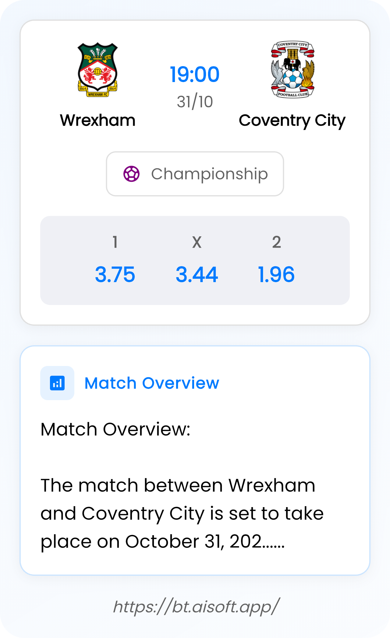 AI Match Prediction: Wrexham vs Coventry City • Championship • 19:00 / 31 October